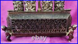 Antique FILIGREE Metal Footed Cherub Lipstick Holder Musical Jewelry Box Vintage