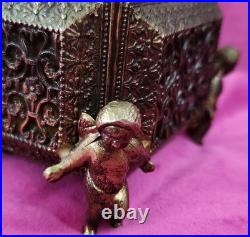 Antique FILIGREE Metal Footed Cherub Lipstick Holder Musical Jewelry Box Vintage