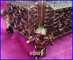 Antique FILIGREE Metal Footed Cherub Lipstick Holder Musical Jewelry Box Vintage