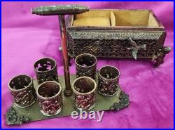 Antique FILIGREE Metal Footed Cherub Lipstick Holder Musical Jewelry Box Vintage