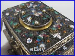 Antique French Emerald & Natural Pearl Enamel & Silver Musical Singing Bird Box