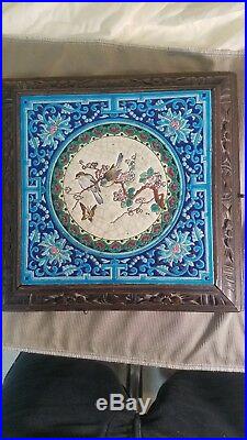 Antique French Longwy Tile Trivet Carved Music Box With Bell. Nice Piece