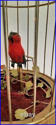 Antique German Musical Singing Birds Cage Automaton Music Box Wind Up red yellow