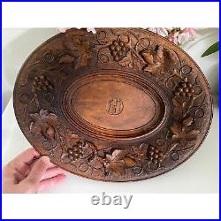 Antique Hand Carved Walnut Centerpiece Bowl H Initial Music Box Swiss Made EUC