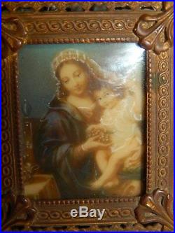 Antique Italian Miniature Painting Madonna Dell' Uva, Music Box, Bronze Frame