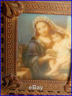 Antique Italian Miniature Painting Madonna Dell' Uva, Music Box, Bronze Frame