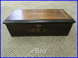 Antique Jacot's Pre-1900 Cylinder Type Music Box Plays 8 Tunes w Marquetry Inlay