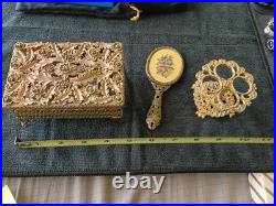 Antique Jewelry Music Box, Needlework Hand Mirror & Lipstick Holder