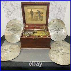 Antique MIRA Swiss Music Box Mahogany With16 6.75 11 Discs Work
