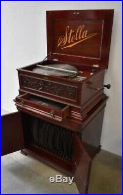 Antique Mahogany Stella Music Box with Stand & 63 17 1/2 Discs 19th Century WORKS
