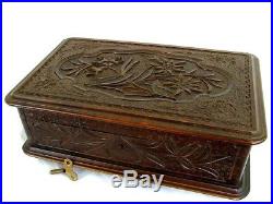 Antique Music Box Jewelry Box Black Forest Carved Walnut High Qual. C. 1880