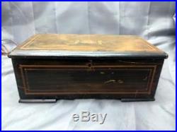 Antique Old Swiss Wood Case Brass Cylinder Roll Music Box Inlaid 6 Song 14 Inch