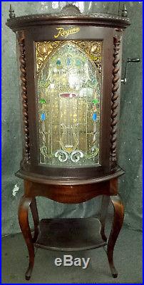 Antique Regina Corona Mahogany Disc Changer Music Box Stained Glass w Manual