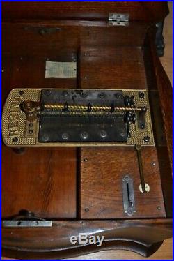 Antique Regina Double Comb 15 1/2 Music Box Rare Tiger Oak Serpentine Cabinet