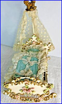 Antique Reuge Music Box Swing Crib Baby Bed WITH CANOPY NO DOLL Works, READ