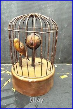 Antique Round Mechanical Singing Bird In Cage Music Box