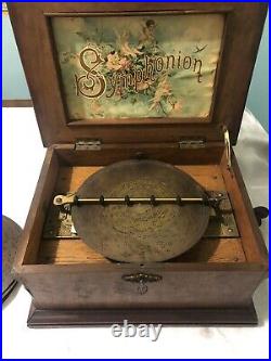 Antique SYMPHONION Walnut Case MUSIC BOX Beautiful Sound with10 Discs