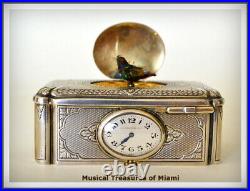 Antique Silver Singing Bird Music Box Automaton With Clock Great Holiday Gift