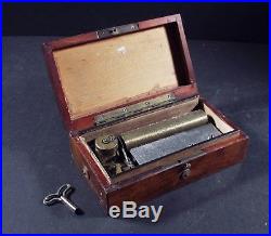 Antique Small Wood Music Box, Marquetry Inlay, Cylinder & Comb