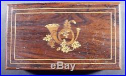 Antique Small Wood Music Box, Marquetry Inlay, Cylinder & Comb