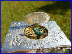 Antique Sterling Silver Swiss Singing Bird Box Unique Singing Tone Rare Movement