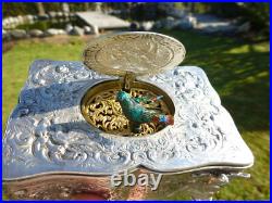 Antique Sterling Silver Swiss Singing Bird Box Unique Singing Tone Rare Movement