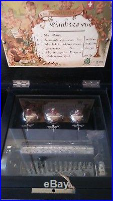 Antique Swiss Cylinder Music Box Inlay Wood Case Rare Bee Clappers Works 6 Tunes