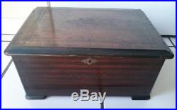 Antique Swiss Cylinder Music Box Inlay Wood Case Rare Bee Clappers Works 6 Tunes