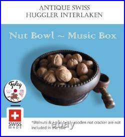 Antique Swiss Huggler Wood Nut Bowl Music Box Handcrafted Interlaken Switzerland