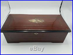Antique Swiss Made Brass Cylinder 10 Tune Music Box Rosewood With Inlay Plays Well