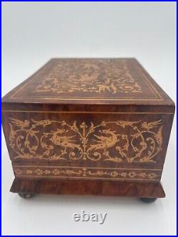 Antique Swiss Music Cigarette Box With Intricate Inlay Design Footed Base READ