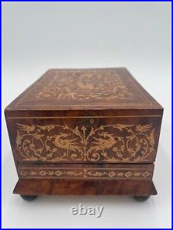 Antique Swiss Music Cigarette Box With Intricate Inlay Design Footed Base READ