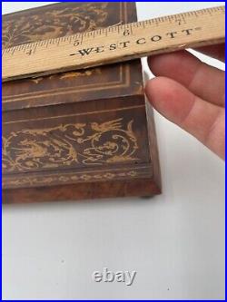 Antique Swiss Music Cigarette Box With Intricate Inlay Design Footed Base READ