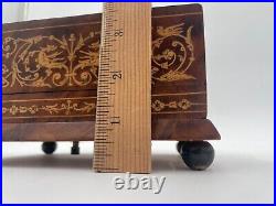 Antique Swiss Music Cigarette Box With Intricate Inlay Design Footed Base READ