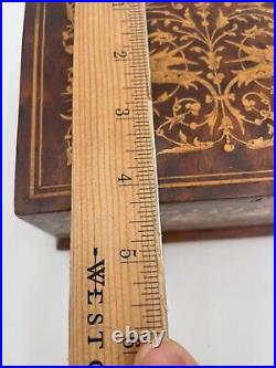 Antique Swiss Music Cigarette Box With Intricate Inlay Design Footed Base READ