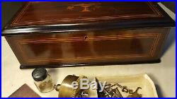 Antique Swiss Type Music Box Parts Pieces Inlaid Case Spring Barrel Governor