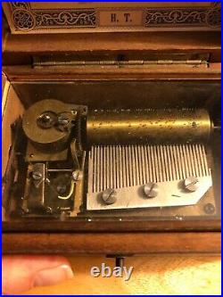 Antique Swiss-made Walnut Comb Cylinder MECHANICAL MUSIC BOX