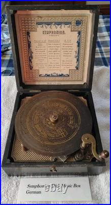 Antique Symphonion Disc Music Box c. 1890s Germany Litho Lid Works with Disc Rare