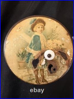 Antique Victorian Manivelle Music Box Round Tin Lithograph, Porcelain Knob Works