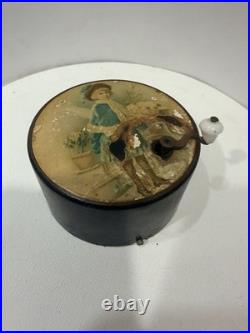 Antique Victorian Manivelle Music Box Round Tin Lithograph, Porcelain Knob Works