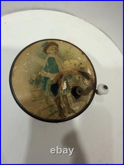 Antique Victorian Manivelle Music Box Round Tin Lithograph, Porcelain Knob Works