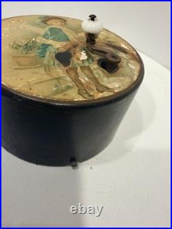Antique Victorian Manivelle Music Box Round Tin Lithograph, Porcelain Knob Works