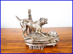 Antique Victorian Musical Inkwell Mastiff Chained Guard Dog English Silver Plate