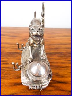 Antique Victorian Musical Inkwell Mastiff Chained Guard Dog English Silver Plate