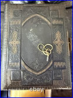 Antique Victorian Musical Photo Album with Working Music Box, Key, 1800s Leather