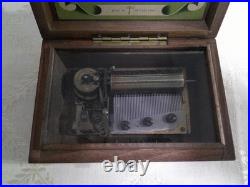 Antique Vtg THORENS Swiss Movement Inlaid Wood Music Box 2 Songs Works EV