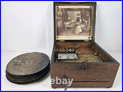 Antique c. 1900 TROUBADOUR Polyphon Disc Music Box with Bells & 25 Disks GERMANY