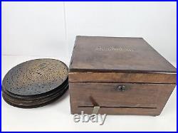 Antique c. 1900 TROUBADOUR Polyphon Disc Music Box with Bells & 25 Disks GERMANY