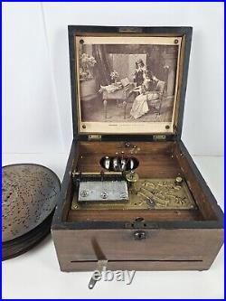 Antique c. 1900 TROUBADOUR Polyphon Disc Music Box with Bells & 25 Disks GERMANY