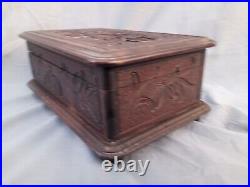 Antique hand Carved Wood Black Forest Music Box Floral Works Jewelry Brienz 9.8